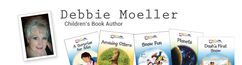 Banner with a photo of Debbie Moeller and the covers of some of her books
